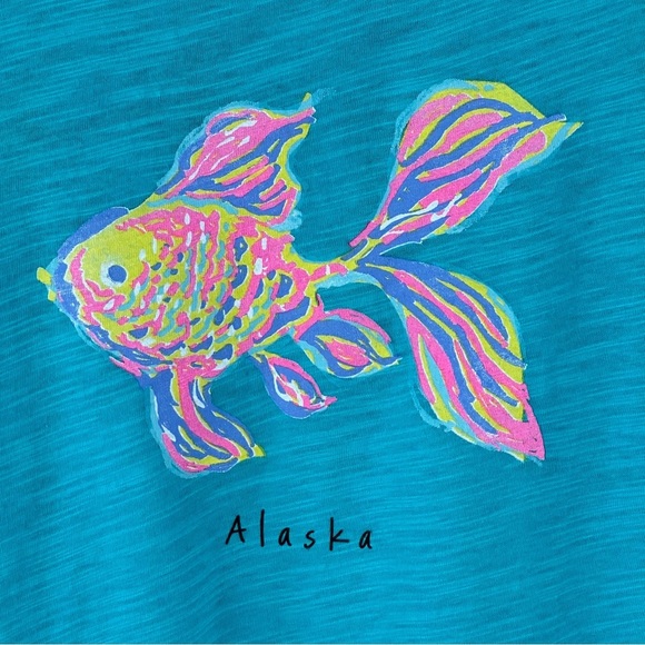 Fresh Produce Oversized Teal 3/4 Sleeve Graphic Fish Alaska Shirt Size Large - Picture 7 of 9